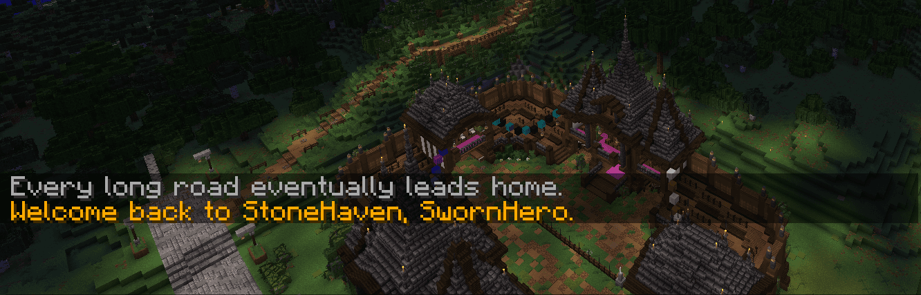 Returning join greeting: welcome back to StoneHaven, SwornHero